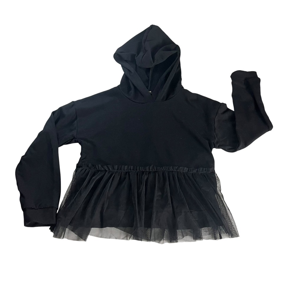 Forever 21 Tulle Hem Hoodie Girls Size 9/10 Black Peplum Pullover Balletcore